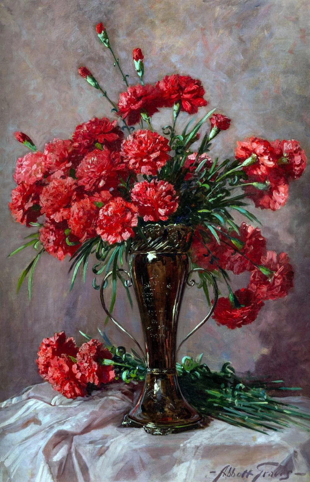 Abbott Fuller Graves-20-Garofani rossi in un vaso d'argento